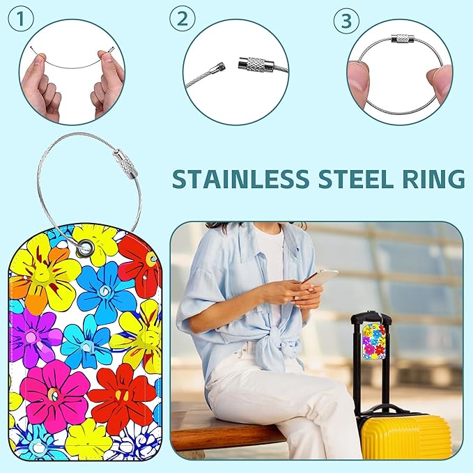 2 Pack Cute Luggage Tag for Suitcases Beautiful Bright Flowers Leather Luggage Tags with Stainless Steel Loop Privacy Flap Name Tags,Men and Women Travel Bag Suitcase Tags
