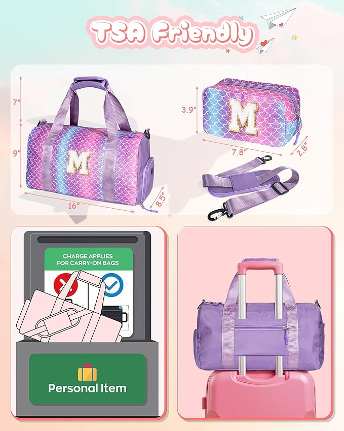 Gifts for 3 4 5 6 7 8 9 Year Old Girls-Girl Gym Bag with Shoe Compartment, Kid Personalized Weekender Overnight Bags, Initial Travel Tote with Makeup Pouch, Easter Gift for Teen (Letter C)