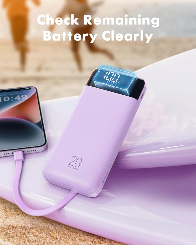 charmast 20000mAh Portable Charger with Built in Cables, 22.5W Travel Power Bank Fast Charging, USB C Cell Phone Battery Pack for iPhone 16/15/14/13/12/11 Series, iPad, Samsung, Android, Tablet