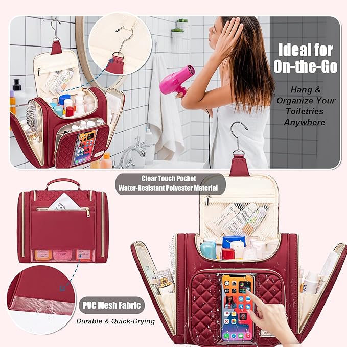 Travel Toiletry Bag for Women, Hanging Toiletry Bag, Bathroom Bag Portable Shower Caddy for College Dorm Travel Shower Bag for Women Water-Resistant Cosmetic Makeup Bag (Red)
