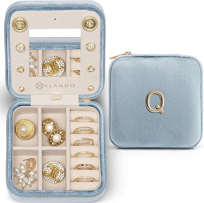 Vlando Travel Jewelry Organizer for Women, Travel Jewelry Organizer, Necklace Organizer Earrings Ring Organizer, Jewelry Travel, Travel Gifts for Women Travel Essentials - Letter Q, Blue