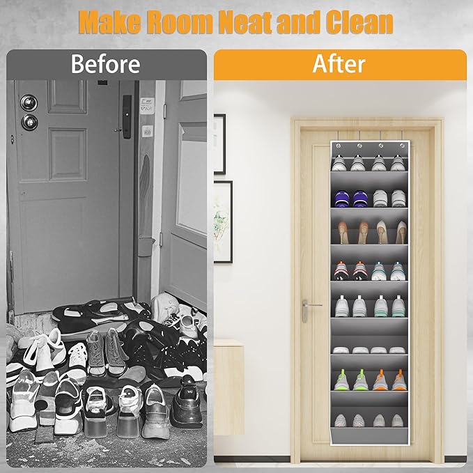 Over The Door Shoe Organizer Storage Fit 16-24 Pairs Hanging Shoe Rack Organiser for Closet Door, Deep Pocket Shoe Holder for Sneakers,Boots Storage(1 Pack Gray)