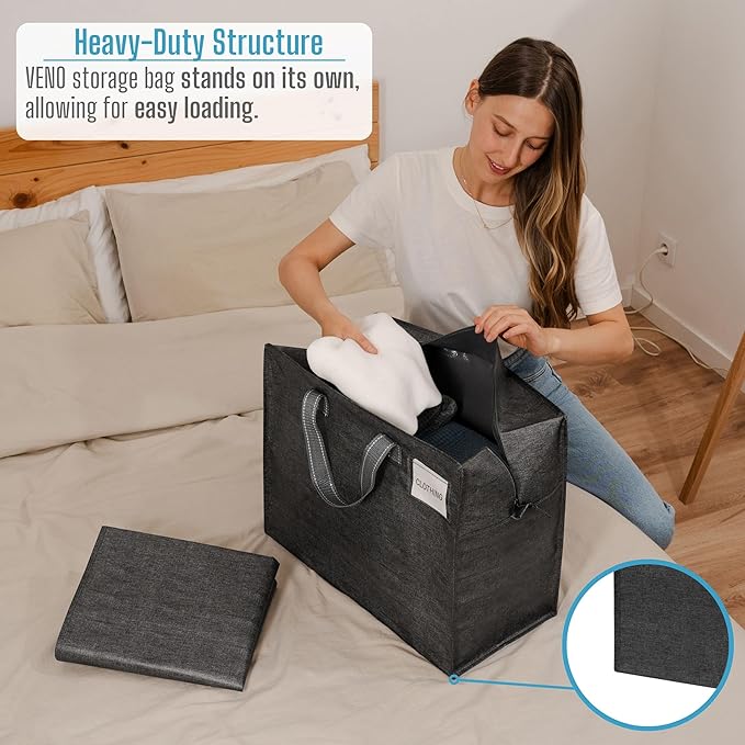 VENO 4 Pack Heavy Duty Moving Bags, Storage Bags, Packing Supplies, Top Zipper, Storage Totes for Camping, Clothes, Bedding, Comforters, Pillows (13 Gallon Dark Gray, 4 Pack)
