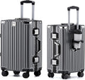HotWay 20 Inch Aluminum Frame Carry On Luggage with Spinner Wheels, PC Hard Shell Suitcase with Cup Holder, Zipperless Luggage for Business Travel, Gray