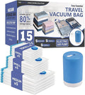 Cozy Essential 15 Pack Travel Vacuum Storage Bags with Portable Electric Pump, Suitase Vacuum Seal Space Saver Bags for Clothing and Luggage Compression