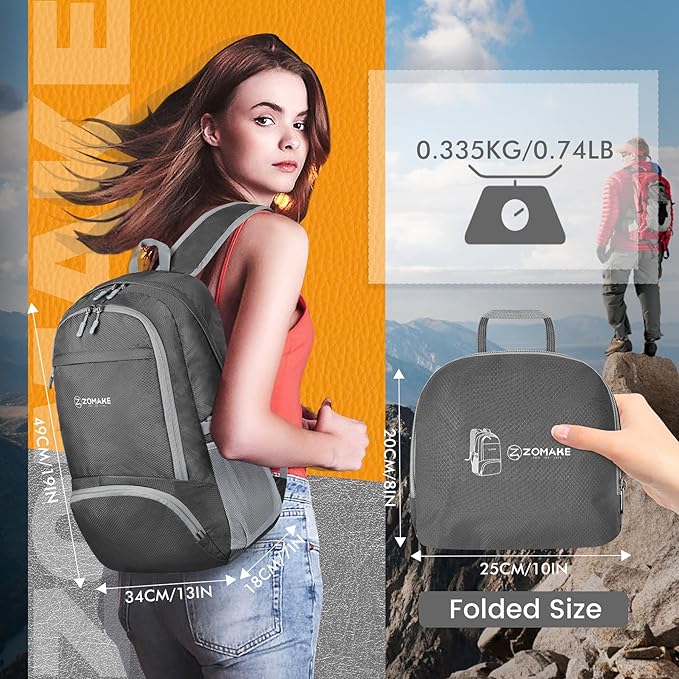 ZOMAKE Lightweight Packable Backpack 30L, Foldable Hiking Backpacks Water Resistant Compact Folding Daypack for Travel(Dimgray)