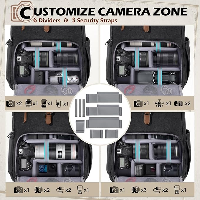 RAINSMORE Camera Bag Backpack for DSLR/SLR Mirrorless 15.6 Inch Laptop Camera Back Pack for Photographers Anti-Theft Photography Bags Case with Tripod Holder & Rain Cover, Black