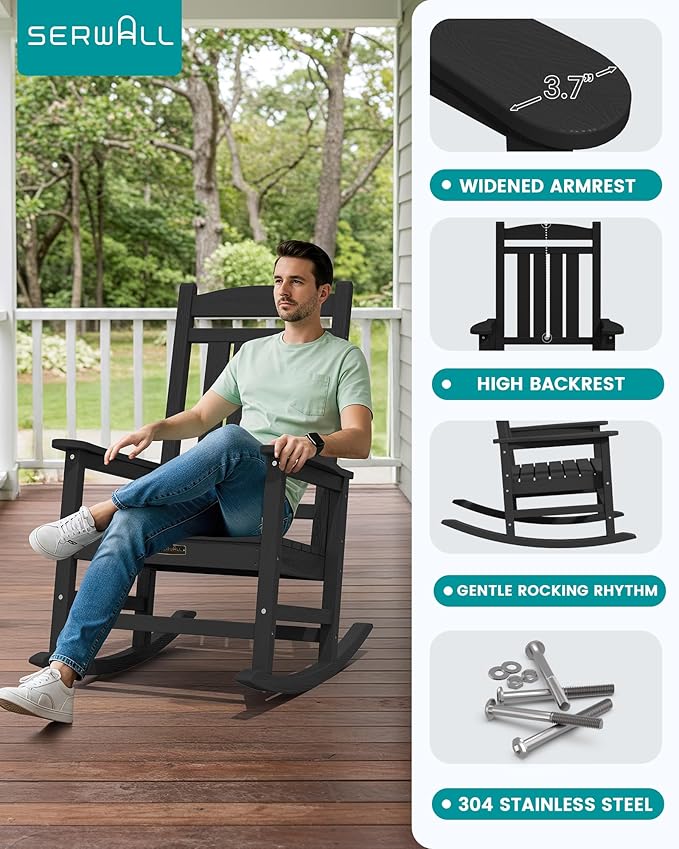 SERWALL Outdoor Rocking Chair Set of 2, HDPE Patio Rocking Chair All-Weather Porch Rocker for Balcony, Yard, Black