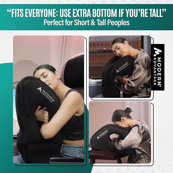 Modern Advantage Inflatable Travel Pillow for Airplanes with Adjustable Extra Bottom, Support Head & Chin to Avoid Neck & Shoulder Pain, for Travelling, Office Napping with Eye Mask & Earplug