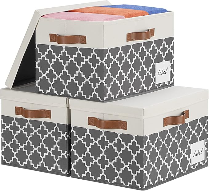 GhvyenntteS Extra Large Storage Bins with Lids, Foldable Fabric Storage Boxes with Lids and 3 Handles, Storage Baskets with Label for Home Office (3 Pack, White&Lattice Grey, 15.75x11.8x10.2)