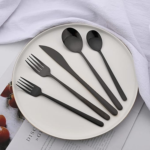 20 Pieces Silverware Set 304 Stainless Steel, Healthy & Eco-Friendly Silver Travel Mirror Polished Black Knife Fork Spoon Salad Fork Dessert Spoon Flatware Set, Service for 4