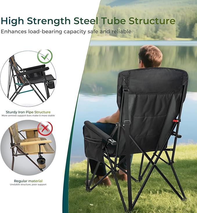 ALPHA CAMP Oversized Folding Camping Chairs for Adults High Backrest Heavy Duty Lawn Chairs Support 500 LBS Portable Camp Chairs with Cup Holders Large Side Pocket Outdoor Chair