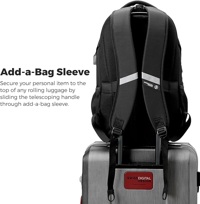 Swissdigital Design Laptop Backpack with USB Charging Port, TSA Travel Backpack Fits 15.6 inches Computer, 31L College School Backpack for Men, Black | SD803