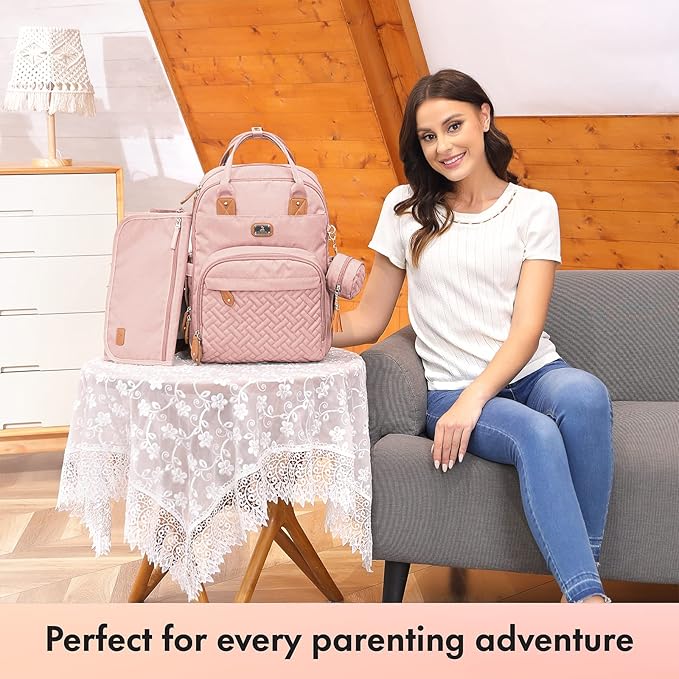 Dikaslon Diaper Bag Backpack with Portable Changing Pad, Pacifier Case and Stroller Straps, Large Unisex Baby Bags for Boys Girls, Multipurpose Travel Back Pack Moms Dads, Pink