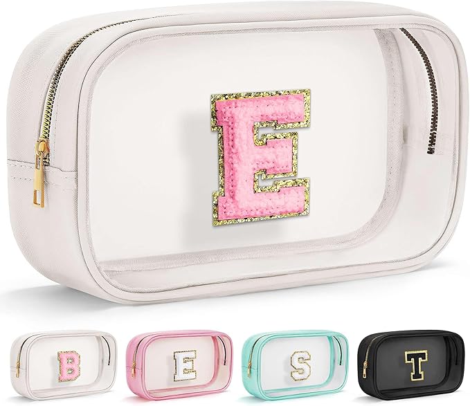 YOOLIFE Initial Make Up Bag Travel Toiletry Bag, Clear Makeup Bag Preppy Cosmetic Bags Organizer Travel Essentials Gifts for Women Teen Girlfriend Teacher Mom Birthday Mothers Day Gifts White E