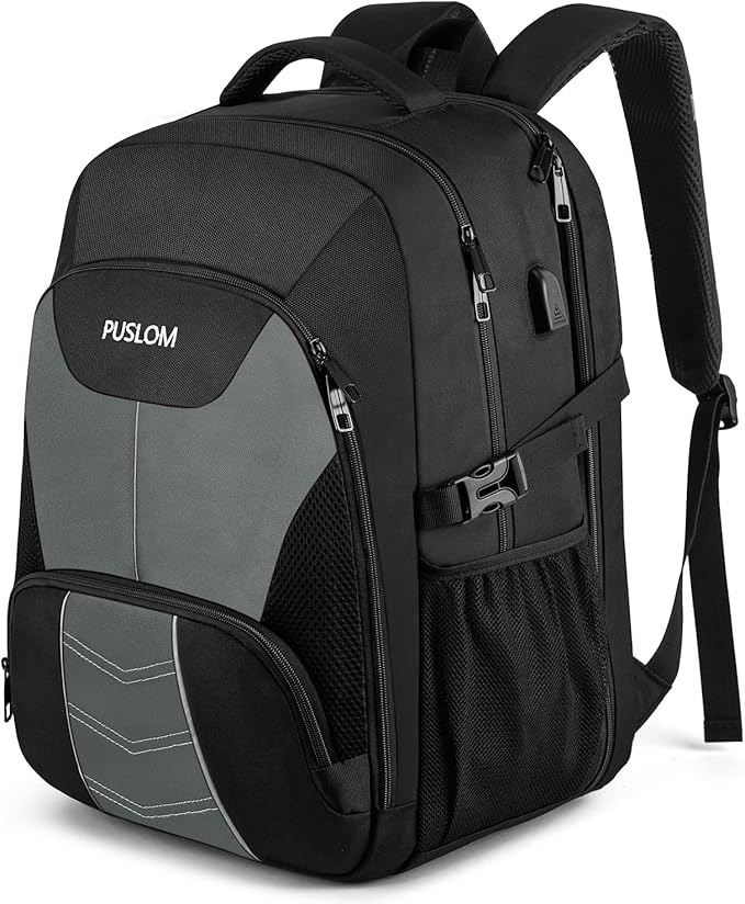 PUSLOM Extra Large Travel Laptop Backpack for Men 55L,Water Resistant 18.4 inch Big Business Laptop bags with USB Charging Port,TSA Friendly Anti Theft Computer Bag for Work College,Grey
