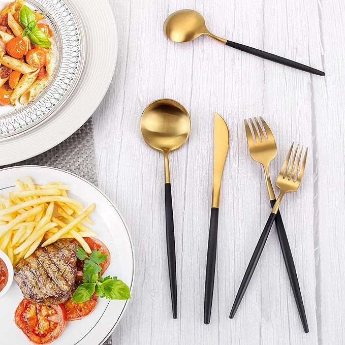 Matte Gold Silverware Set With Black Handle, IBIILII JEFF 40 Pieces Stainless Steel Flatware Set For 8，Kitchen Utensil Set, Tableware Cutlery Set, Knife Spoons And Forks Set, Dishwasher Safe
