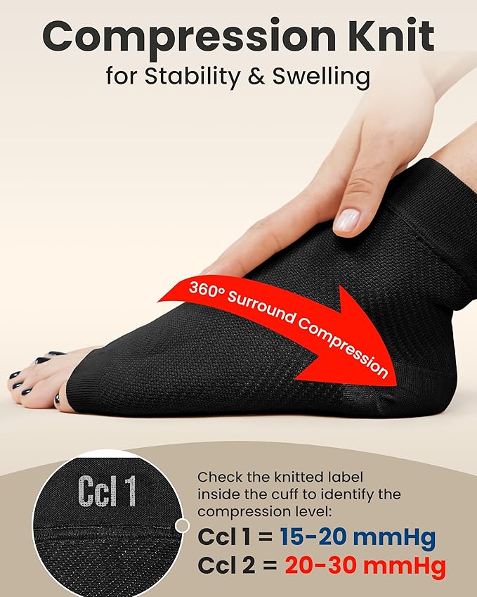 KEMFORD Ankle Compression Sleeve - 2-Pack, Plantar Fasciitis Braces - Open Toe Compression Socks for Swelling, Sprain, Neuropathy, Foot Arch Support for Men and Women - 20-30mmhg, L, Black