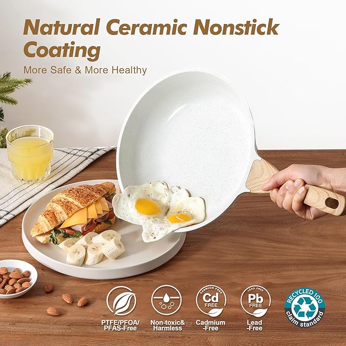 SENSARTE Nonstick Frying Pan Skillets, White Ceramic Coating Omelette Pans, Healthy Cookware Chef's Pan, Free of PTFE & PFAS (8+11Inch with Lid)
