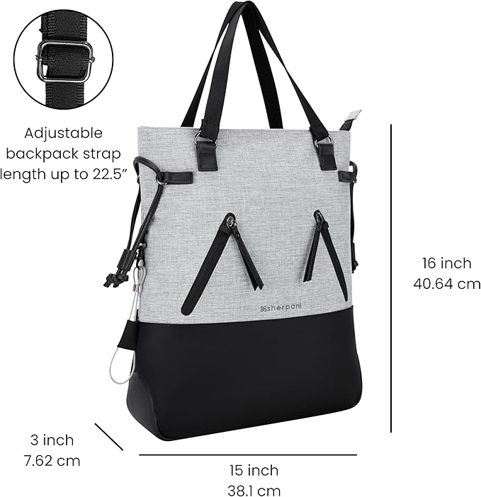 Sherpani Tempest, Anti Theft Convertible Backpack Tote, 14L Travel Backpack, Travel Gifts for Women, Handbags, RFID Protection, Metal Hardware, Fits 15” Laptop (No Sleeve) (Sterling)