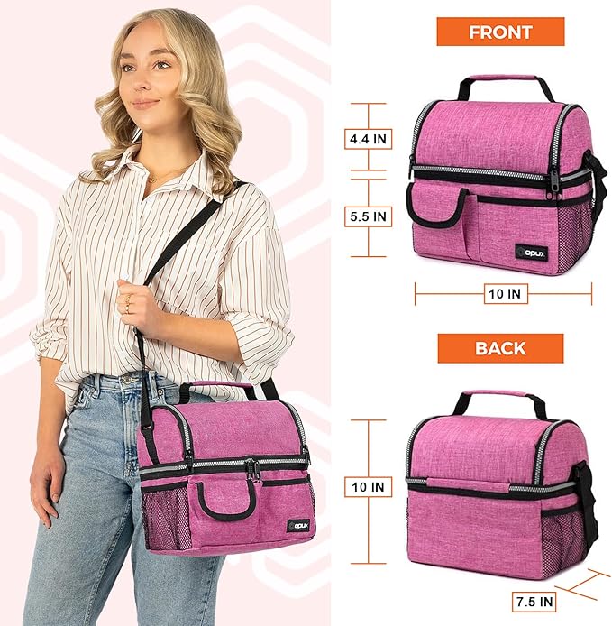 opux Lunch Bag Women Insulated, Adult Lunch Box Cooler, Lunch Box for Men, Dual Compartment Lunchbox for Work, Leakproof Double Decker Lunch Bag, Soft Lunch Pail Tote Girls Boys Kids School, Pink
