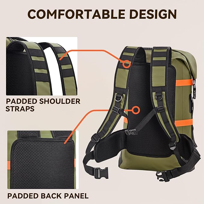 HEETA Dry Bags Waterproof Backpack 40L for Men & Women, Roll Top Heavy Duty Cushioned Hiking Backpack for Kayaking Boating Paddle Boarding Fishing Travel Camping Beach Vacation Cruise Ship Essentials