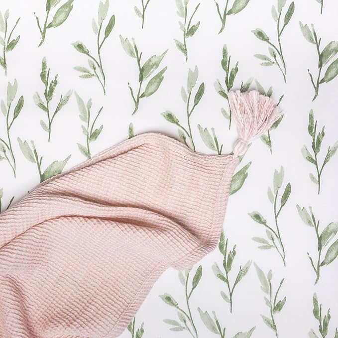 Crane Baby 100% Cotton Sateen Crib Sheet, Fitted for Cribs and Toddler Beds, Baby Crib Sheets, Baby Bedding for Boys and Girls, Green Leaf