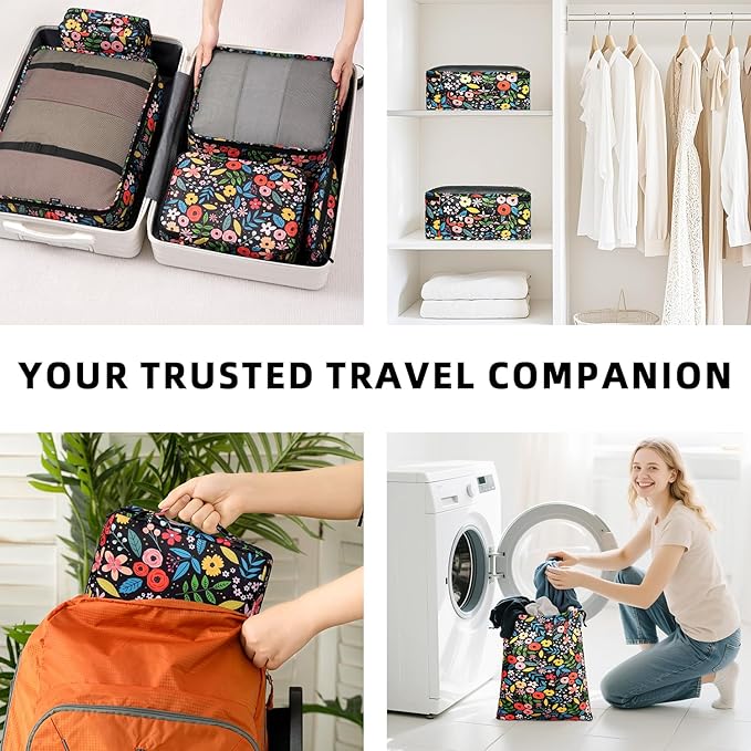 BAGAIL 8 Set Packing Cubes Luggage Packing Organizer Bags for Travel Accessories-Black Floral
