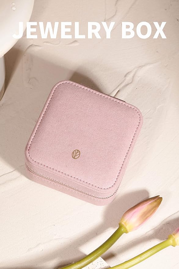 S.Leaf Travel Jewelry Organizer Travel Jewelry Boxes for Women Small Jewelry Travel Case Box Portable Travel Jewelry Case Travel Case Mini Jewelry (05_Suede_Touch_Dust_Pink)