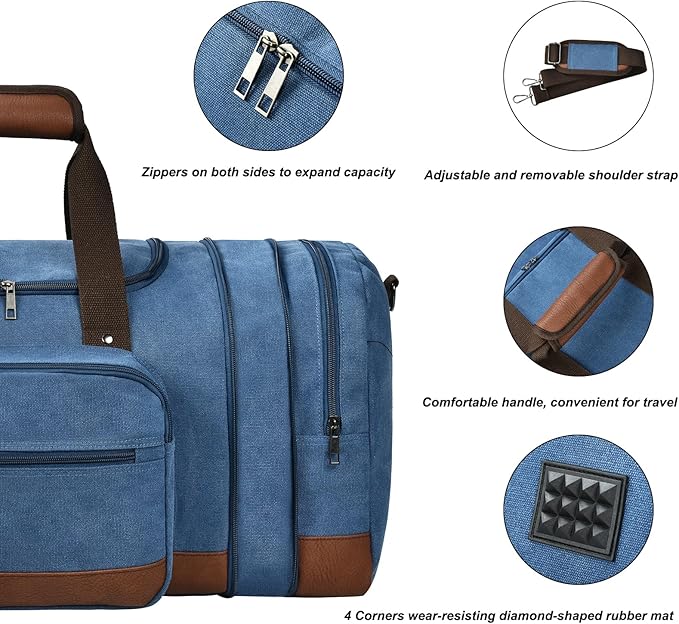 Litvyak Duffle Bag for Travel, 50L Canvas Travel Duffel Bags Overnight Weekend Gym Carry On Luggage Bag for Men & Women(Blue)