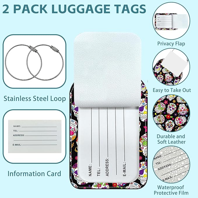 2 Pack Cute Luggage Tag for Suitcases Day of The Dead Sugar Skull Leather Luggage Tags with Stainless Steel Loop Privacy Flap Name Tags,Men and Women Travel Bag Suitcase Tags