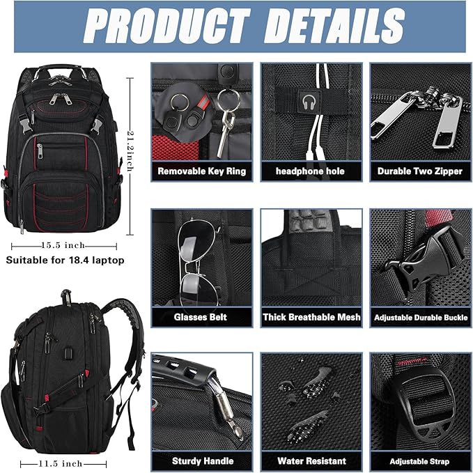 18.4 Laptop Backpack for Men, Extra Large Gaming Laptops Backpack with USB Charger Port, TSA Friendly Big Capacity Heavy Duty Travel Computer Bag RFID Anti-theft Pocket Backbag,21.2*15.5*11.5inch Red