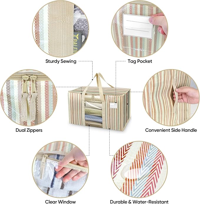 BALEINE 8-Pack Oversized Moving Bags with Reinforced Handles, Heavy-Duty Storage Tote for Clothes, Moving Supplies (Color Stripe with Window, 8-Pack)