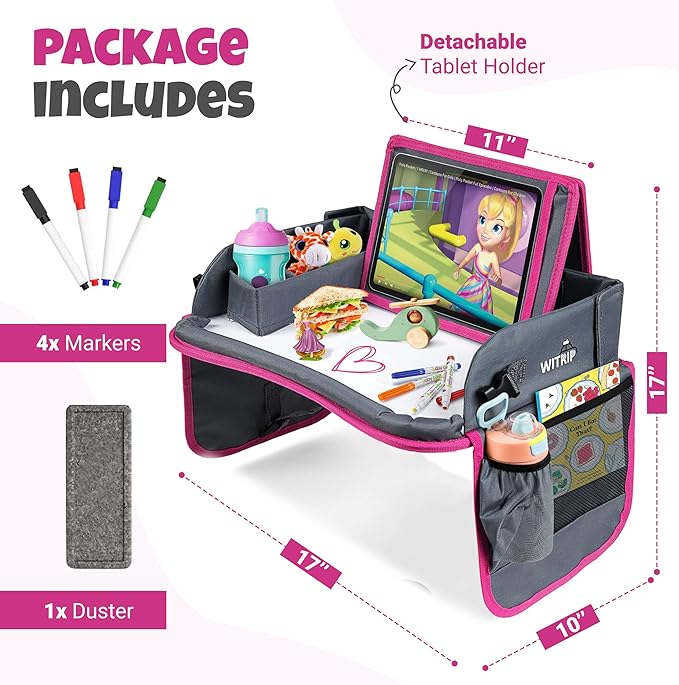 Kids Travel Tray with Dry Erase Board - Car Seat Tray for Kids Travel, Carseat Table Top for Toddler, Lap Desk for Car Seat, Activity Organizer & Snack Holder, Road Trip Essentials for Kid (Pink)