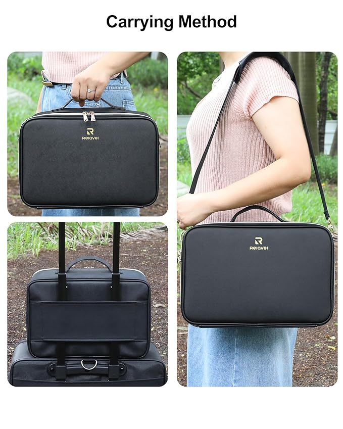 Relavel Makeup Train Case With LED Mirror, Professional Travel Cosmetic Bag with Removable Partitions,Compact Makeup Organizer, Waterproof Toiletry Case for Women, Black