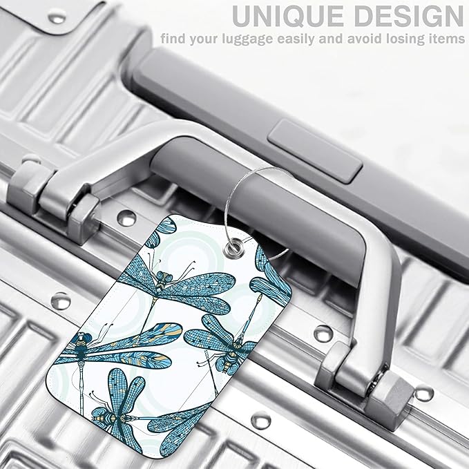 2 Pack Luggage Tags for Suitcases Vintage Blue Dragonflies Leather Luggage Tags Privacy Cover ID Label with Stainless Steel Loop and Address Card for Women Men Travel Bag Backpack