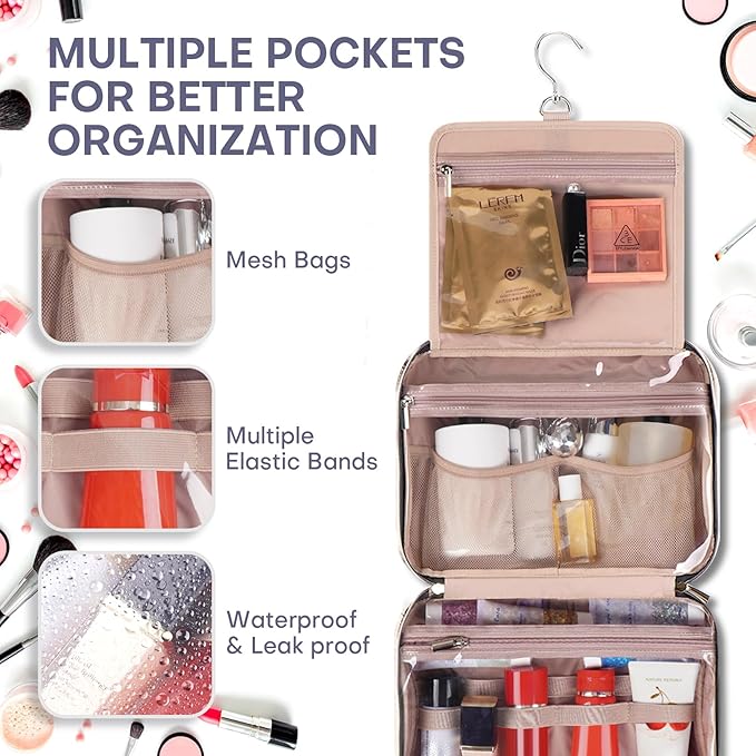 Hanging Toiletry Bag for Women Travel, 2 Sizes Large & Small Waterproof Cosmetic Organizer with 4 Compartments, Rotating Hook, Foldable Pink Travel Bag for Toiletries & Makeup - Medium Grey