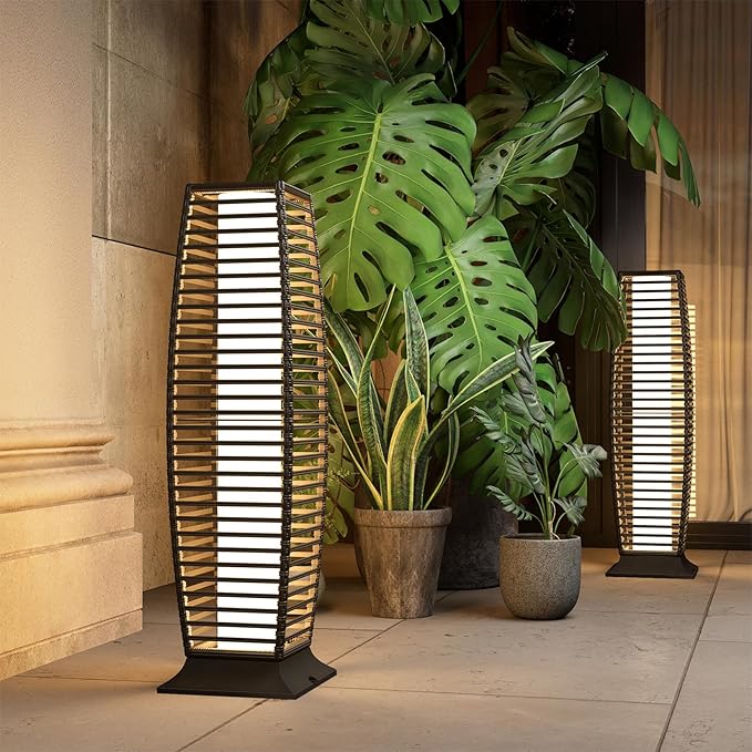 Grand patio Outdoor Floor Lamp Solar Powered Lantern Waterproof Wicker Boho Deck Lights for Garden Porch Decor, Large Crossover