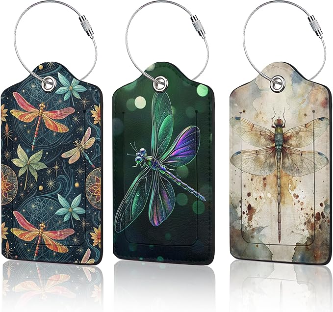 3 PCS Dragonfly Luggage Tags,Fantasy Dragonfly Suitcase Tags Privacy Cover ID Label with Stainless Steel Loop and Address Card for Travel Bag Suitcase