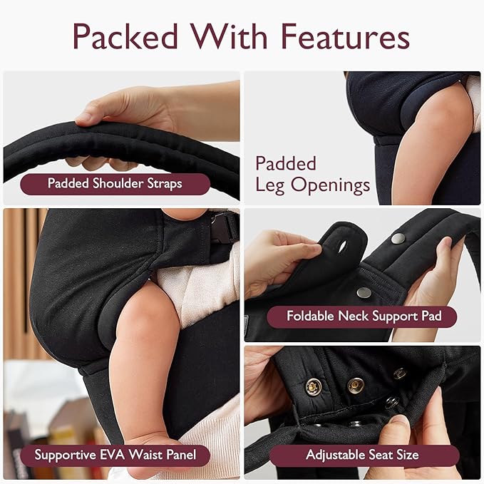 Momcozy Baby Carrier - Ergonomic, Cozy and Lightweight Carrier for 7-44lbs, Effortless to Put On, Ideal for Hands-Free Parenting, Enhanced Lumbar Support, Purehug for Infant to Toddler, Black