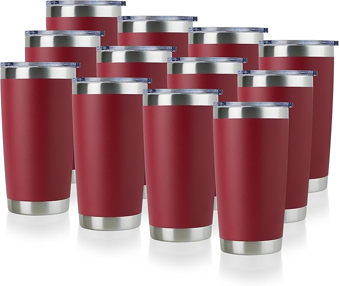 DOMICARE 20oz Stainless Steel Tumbler Bulk with Lid, Double Wall Vacuum Insulated Travel Mug, Powder Coated Coffee Cup (Powder Red, 12)