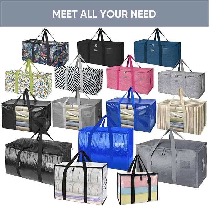 BALEINE 2-Pack Oversized Moving Bags with Reinforced Handles, Heavy-Duty Storage Tote for Clothes, Moving Supplies (Color Stripe with Window, 2-Pack)