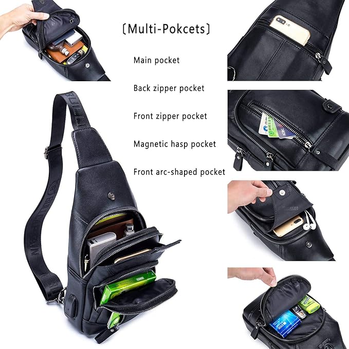 BULLCAPTAIN Leather Sling Bag Mens Chest Bag Casual Shoulder Crossbody Bags Travel Hiking Backpacks Daypack with USB Charging Port (Black)