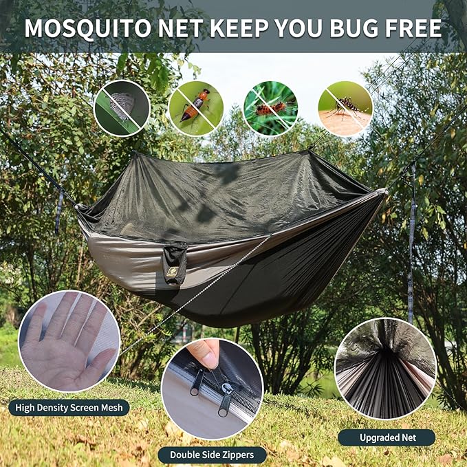 Camping Hammock with Net,Portable Lightweight Double Hammocks with Tree Straps and Solid D-Shape Carabiners,Parachute Nylon Hammock for Backpacking Beach Backyard Patio Hiking Black&Grey