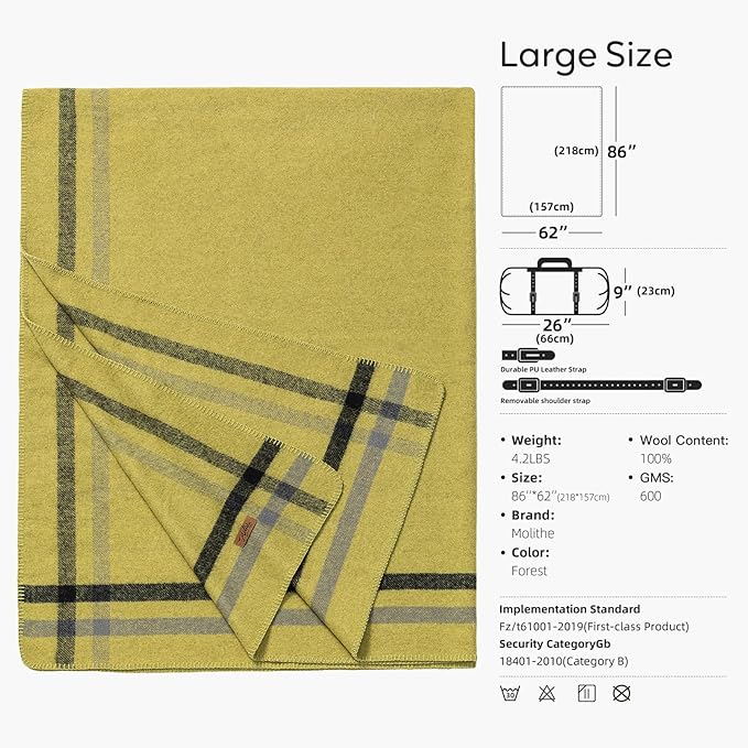 100% Wool Blanket, 62" x 86", Warm, Thick, Washable, Military Wool Blanket, Great for Camping, Outdoors, Sporting Events, Survival Kits