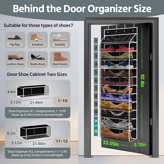 12 Pocket Over the Door Shoe Organizer,Reusable Breathable Large Mesh Bag Men's & Women's Sneaker Organizer,Shoe Organizer for Kids,Hanging Shoe Storage Hanging Bag (Black)
