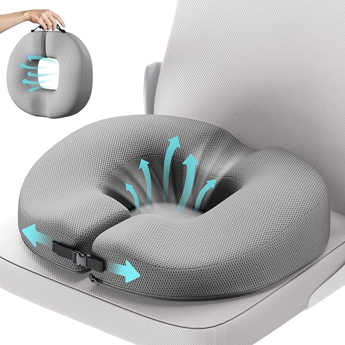 Benazcap Donut Pillow Seat Cushion for Tailbone Pain Relief, Memory Foam Hemorrhoid Pillow by Ergonomic for Coccyx, Sciatica, Pregnancy, Postpartum-Grey