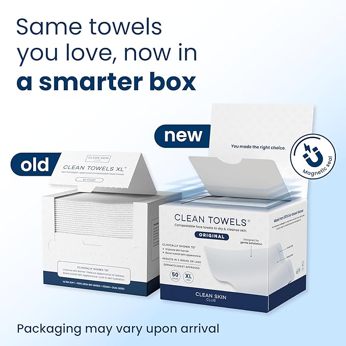 Clean Skin Club Clean Towels XL®, 100% USDA Biobased Face Towel, Disposable Face Towelette, Eczema Association Accepted, Makeup Remover Dry Wipes, Ultra Soft, 50 ct per pack, 3 Packs, 150 Ct Total