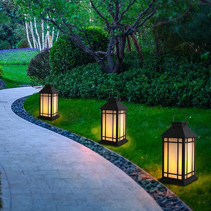 11" Solar Lantern Outdoor Garden Hanging Lanterns Waterproof LED Vintage Flickering Flame Lanterns for Patio, Table, Party.