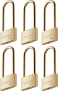 Weather Proof Lock, Keyed Alike Solid Brass Padlocks with Long Brass Shackle, Light Duty, 1-1/2" Wide Body, Marine Padlock, Anti Rust Lock, 6 Pack